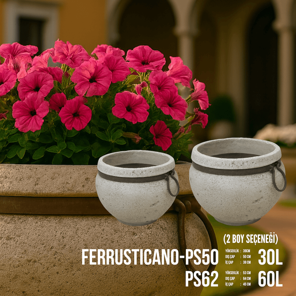 FERRUSTICANO PS50 - PS62 Doğal Taş Dokulu Rustik Saksı | 2 Boy Seçeneği (30L / 60L)
